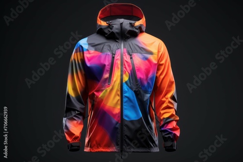 Eye-catching Man wear colorful windbreaker futuristic. Man model vacation style individual. Generate Ai © juliars