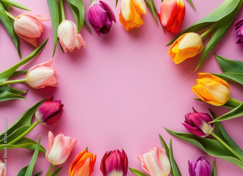 Frame of Colorful Tulips on Pink Background