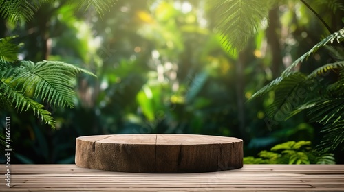 empty top table pine wood podium texture in tropical outdoor garden green plant blur background with copy space.organic healthy natural product present promotion display nature design. Generative Ai