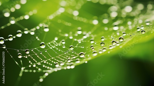 A close-up of a spiderweb with dewdrops against a green backdrop, creating a natural prism effect.