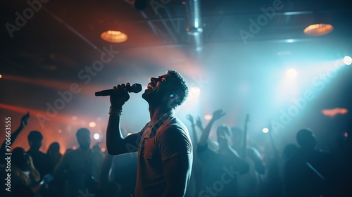 A passionate singer illuminated by stage lights, captivating the audience with a powerful performance.