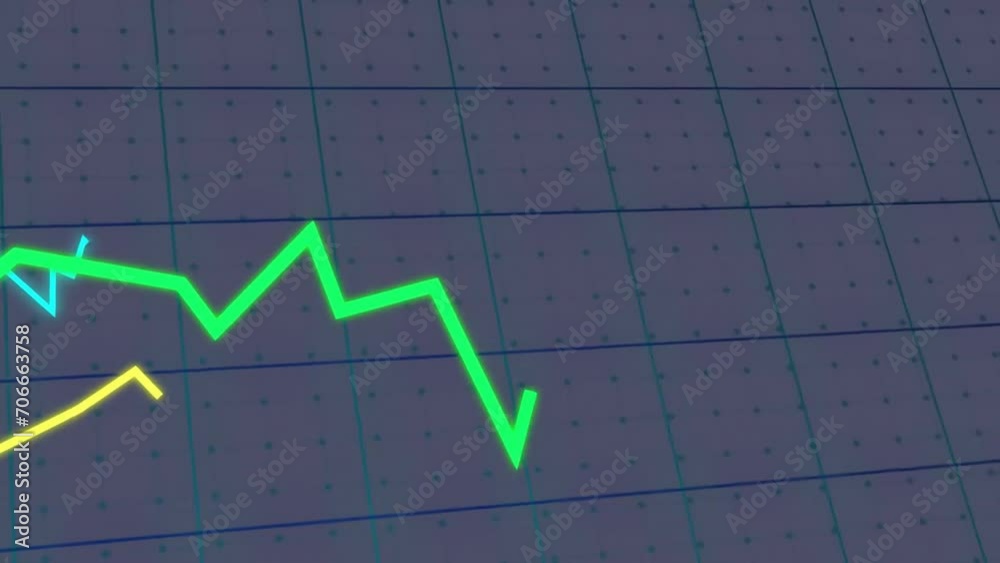Animation of financial data processing over lines on black background