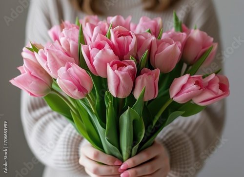 Woman Holding a Bouquet of Pink Tulips, Symbolizing Care and Good Wishes