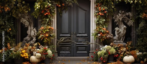 House front door with ivy and chrysanthemums.