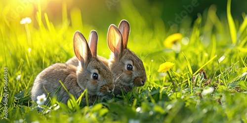 Two Wild Rabbits Snuggling Together in a Lush Green Field