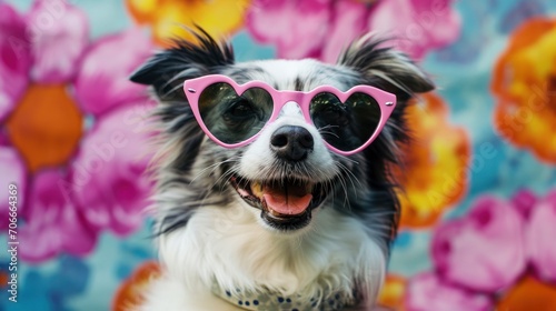 Lovely smiling dog in heart shaped pink sunglasses against a colorful floral background. Valentine’s Day and love concept. © People