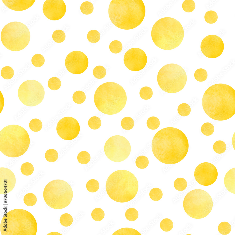 Seamless pattern in yellow peas on a white background, hand-drawn. Abstract watercolor background of yellow circles of different sizes. An element for design, decoration, wrapping paper, fabric.