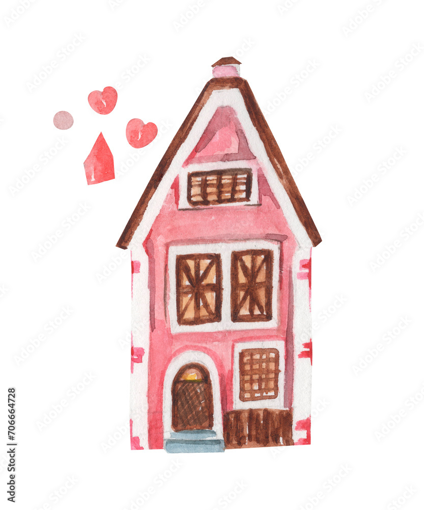 Watercolor pink house. Old house illustration. Cute old building. Watercolor design for cards, logo, packing, decor , package, gifts, greetings