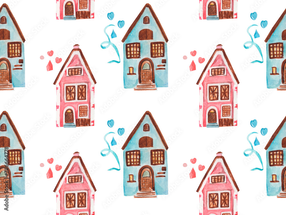 Fototapeta premium Watercolor illustration of town. Watercolor seamless pattern. Cute old city. Colorful houses. DESIGN FOR DECOR, PACKAGE, GIFTS, PRESENTS, PACKAGE, wrapping paper, gifts, greetings, congratulation.