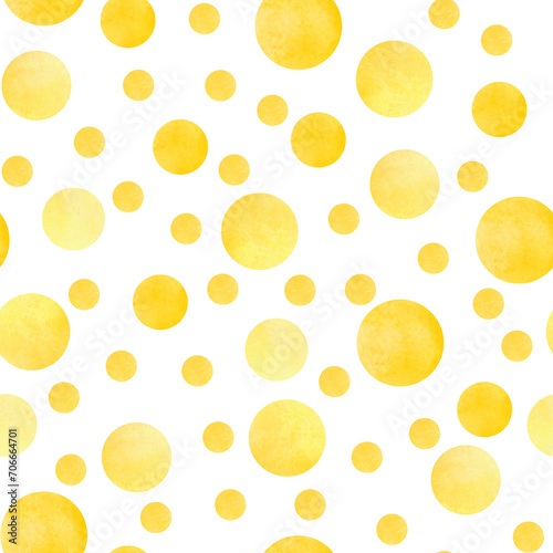 Seamless pattern in yellow peas on a white background, hand-drawn. Abstract watercolor background of yellow circles of different sizes. An element for design, decoration, wrapping paper, fabric.