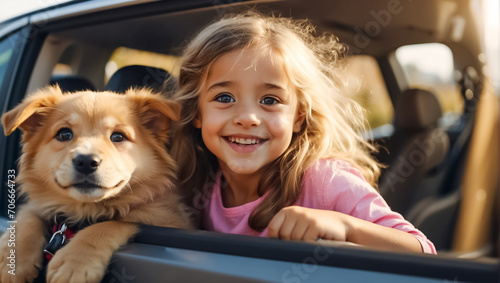 Little happy girl with a dog in a car friendship © tanya78