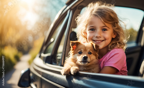 Little happy girl with a dog in a car transportation © tanya78