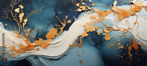 Abstract oil painting in golden blue colors. Digital art