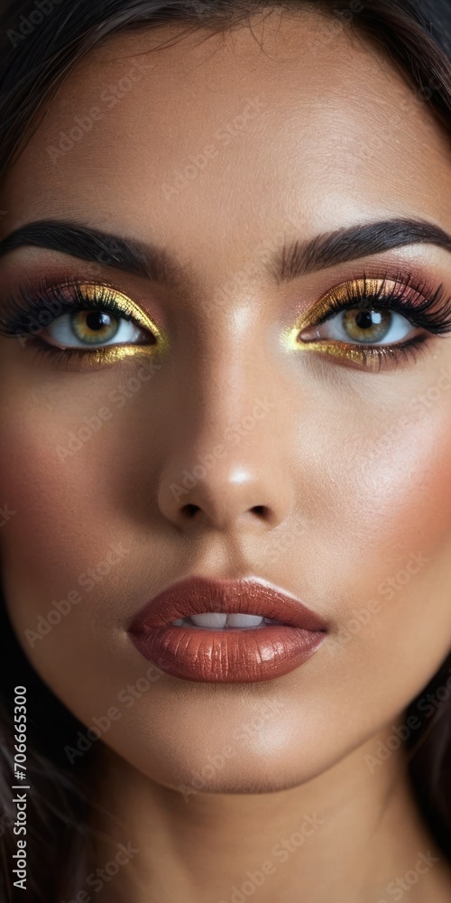 a close up of a woman's face with bright yellow eyeshadow and gold eye make - up. a close up of a woman's face with bright yellow eyeshadow and gold eye make - up.