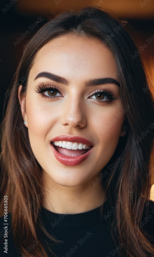 a close up of a woman with long hair and a black top smiling at the camera with a smile on her face. a close up of a woman with long hair and a black top smiling at the camera with a smile on her face.