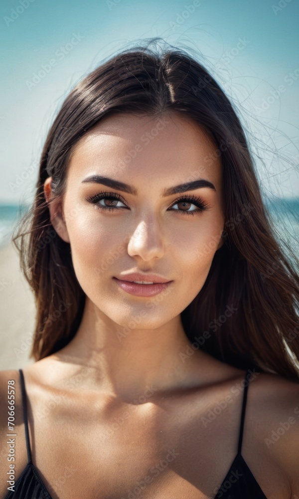 a beautiful young woman in a black bikini posing for a picture on the beach with the ocean in the background. a beautiful young woman in a black bikini posing for a picture on the beach with the ocean in the background.