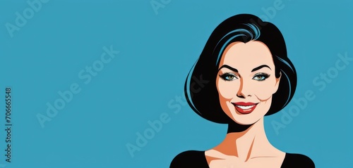  a close up of a person wearing a black dress and a blue background with an image of a woman with a smile on her face.