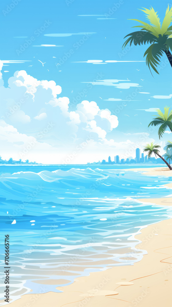 Tropical beachfront cityscape. Pristine beach with palm trees overlooking a city skyline.
