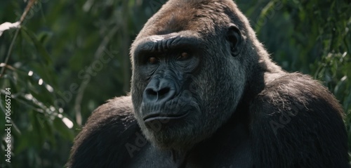  a close - up of a gorilla's face in front of a forest of tall green grass and trees.