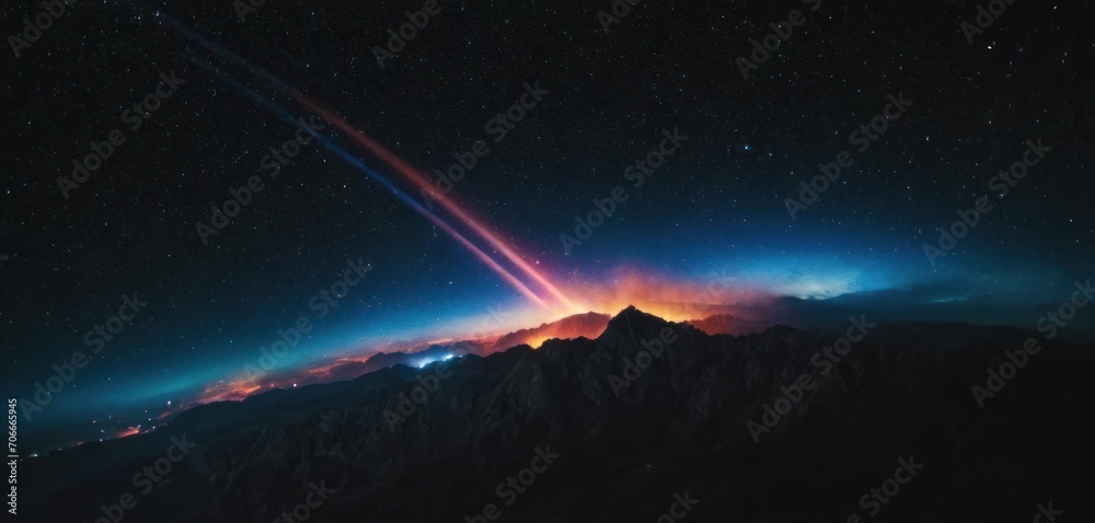  an image of a space station in the sky with a bright light coming from the top of a mountain in the foreground.