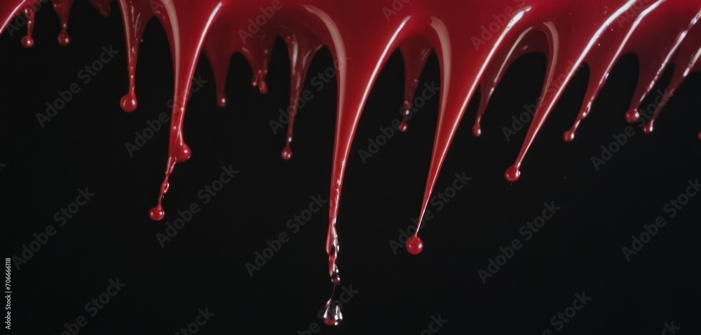  a close up of a red liquid dripping on a black surface with a drop of liquid coming out of it.