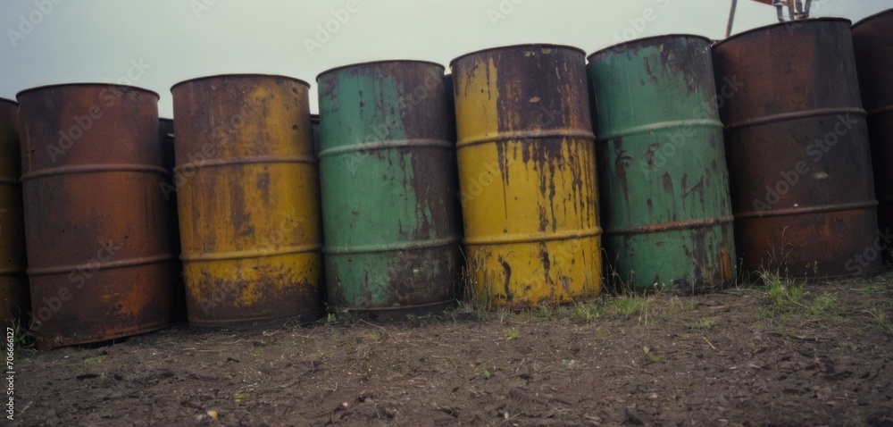 a group of rusty barrels sitting next to each other on top of a grass covered field with a person standing on top of one of them. a group of rusty barrels sitting next to each other on top of a grass covered field with a person standing on top of one of them.