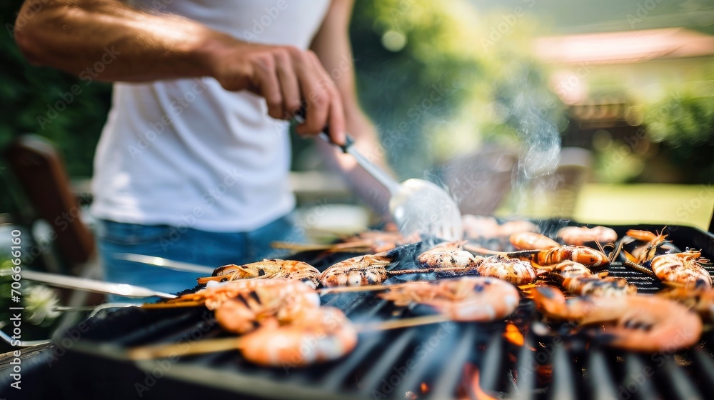 Man cooking prawns on a barbecue grill.