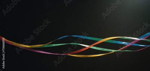  a close up of a multicolored ribbon on a black background with a light shining on the side of the ribbon.