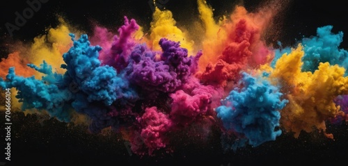  a group of colored powder spewing out of it's sides into the air on a black background.