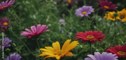  a bunch of colorful flowers that are in a field with green grass and purple, yellow, and red flowers.