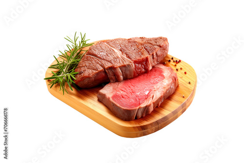 Raw beef steak with rosemary on isolated transparent background, ready for design element.  Generative AI.