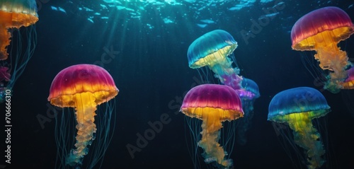  a group of jellyfish floating in the ocean with sunlight coming through the water's bubbles on a black background. © Jevjenijs