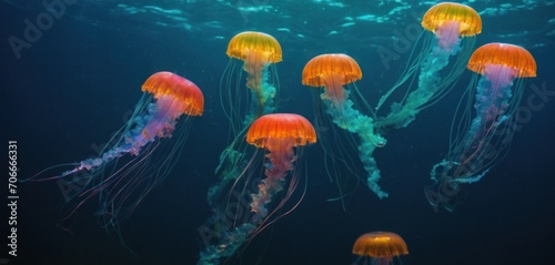  a group of jellyfish swimming in a blue water filled with green and orange jellyfish in an aquarium tank.