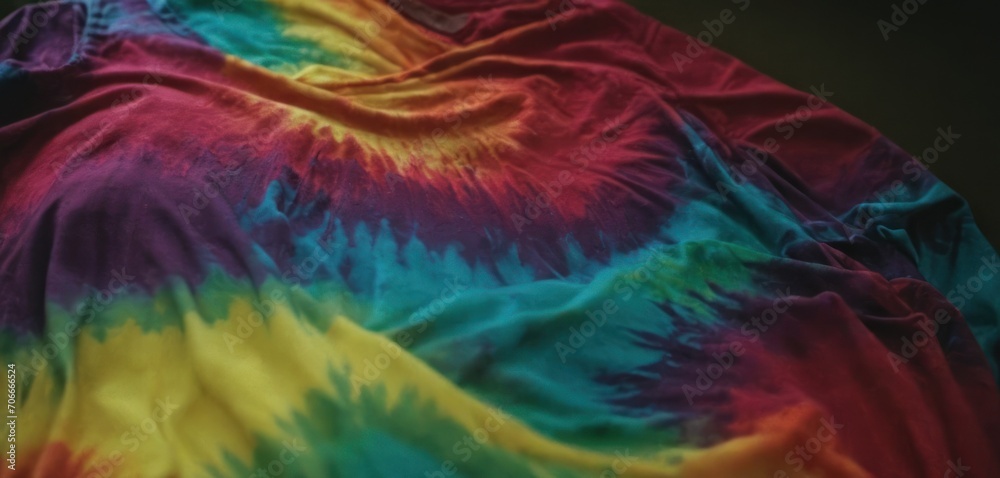  a multicolored tie - dyed t - shirt laying on top of a wooden table next to a window.