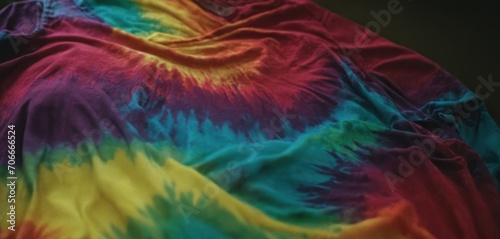  a multicolored tie - dyed t - shirt laying on top of a wooden table next to a window.