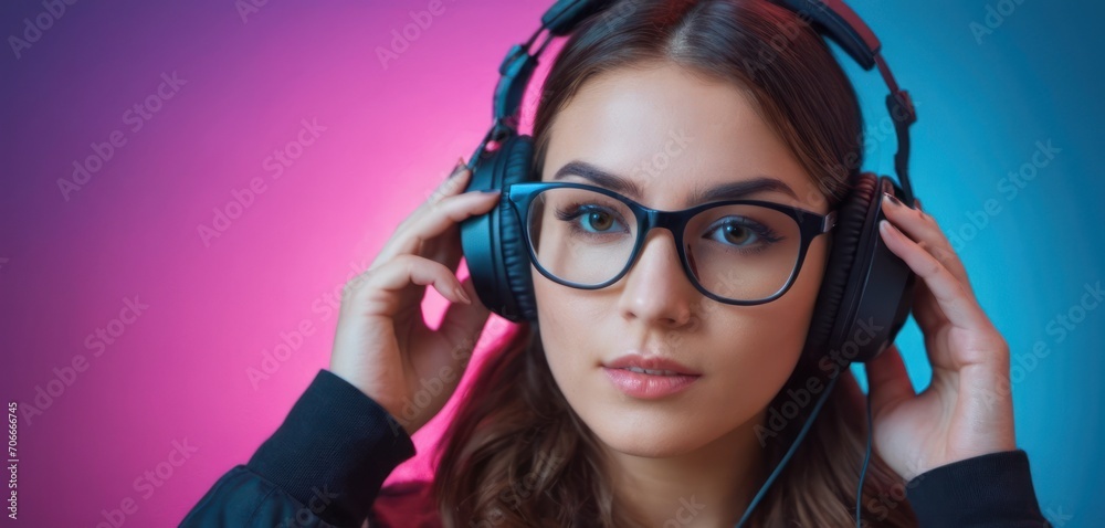 a woman wearing glasses and headphones with her hands on her ears and looking at the camera with a serious look on her face. a woman wearing glasses and headphones with her hands on her ears and looking at the camera with a serious look on her face.