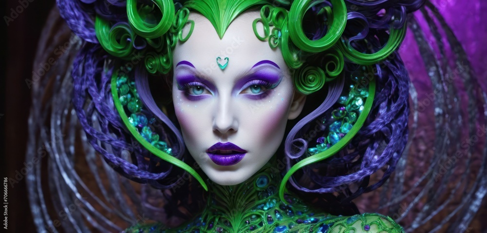a close up of a woman with green hair and purple make - up and green and purple hair and make - up. a close up of a woman with green hair and purple make - up and green and purple hair and make - up.