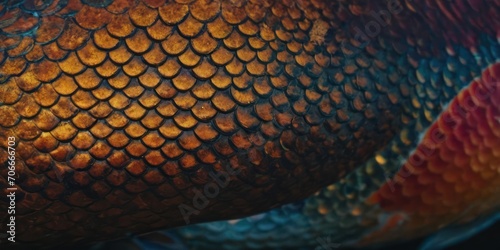  a close up of a fish's body with orange and red scales on it's body and a black background.