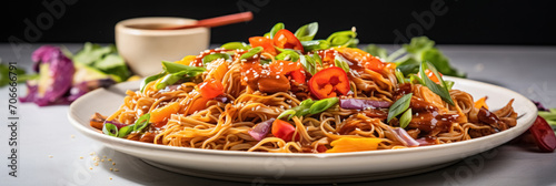 Stir fry yakisoba noodles with vegetables, soy sauce and chicken on white plate on gray background. Delicious japanese food