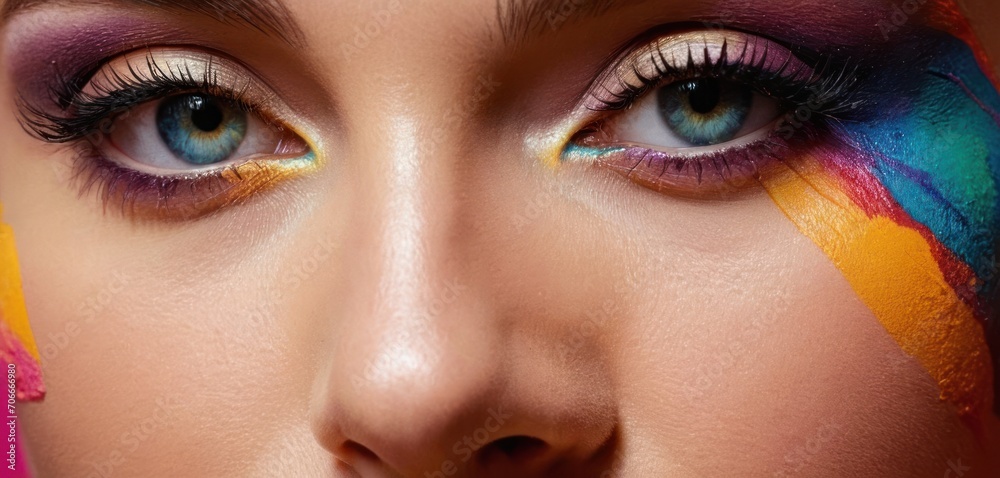  a close up of a woman's face with a multicolored make - up on it's face.