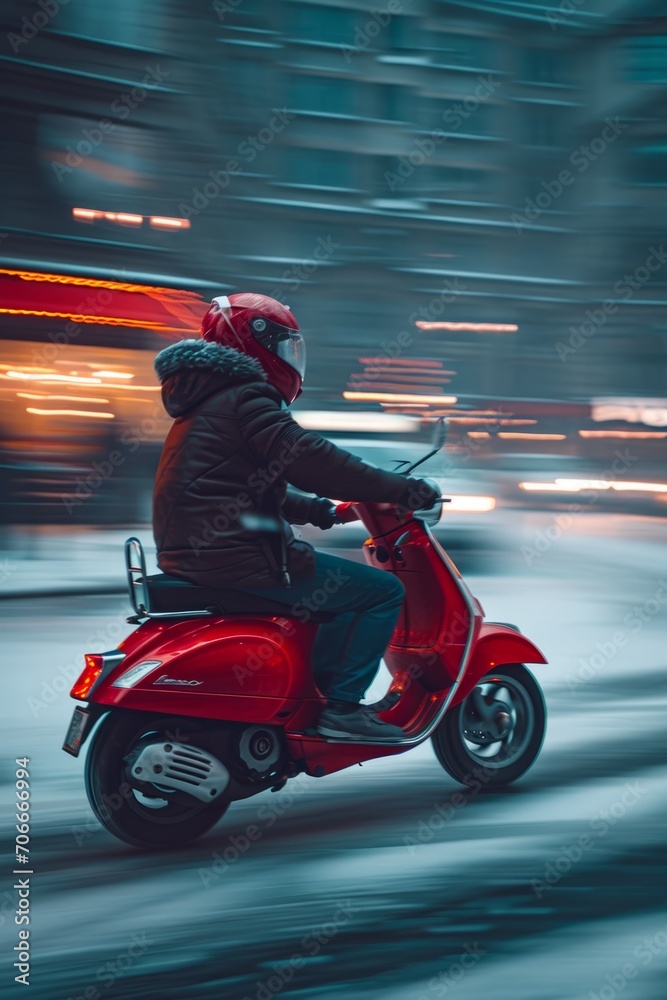 Scooter Ride in Snowy City