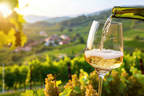 Wine glass with pouring white wine and vineyard landscape in sunny day photo