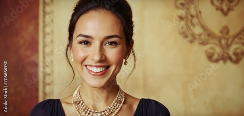  a smiling woman in a black dress wearing a pearl necklace and a necklace with a diamond clasp on her neck.