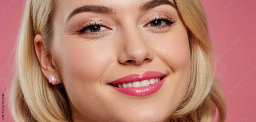 a close up of a woman with blonde hair wearing a pink shirt and pink earrings and a pink background with a pink background. a close up of a woman with blonde hair wearing a pink shirt and pink earrings and a pink background with a pink background.