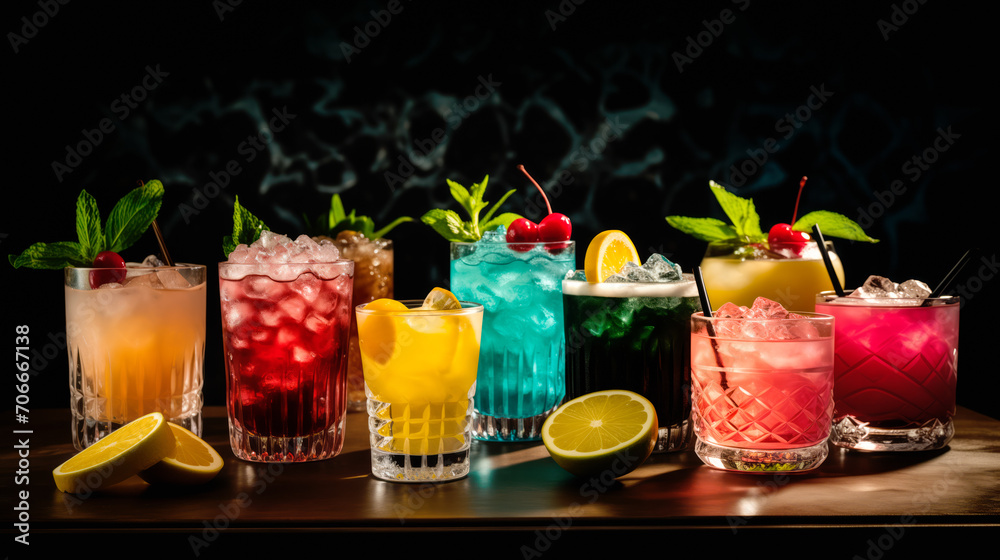 Set and collection of classic alcohol cocktails or mocktail on dark black background with fresh summer fruits Set and collection of classic alcohol cocktails or mocktail on dark black background with fresh summer fruits