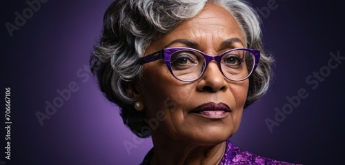  a close up of a person wearing glasses and a purple shirt with a purple background and a purple background behind her.