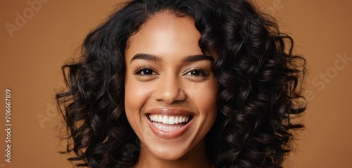  a close up of a smiling woman with dark curly hair and a white smile on her face and a brown background.