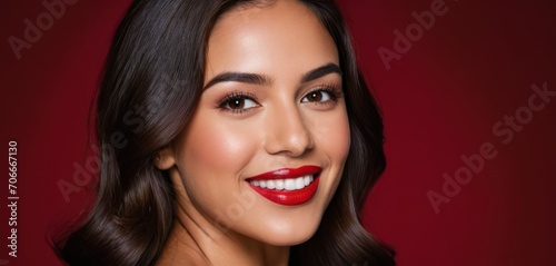  a woman with long dark hair and a red lip is smiling at the camera and she is wearing a red dress and red lipstick.