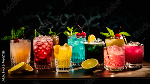 Wallpaper Mural Set and collection of classic alcohol cocktails or mocktail on dark black background with fresh summer fruits Torontodigital.ca