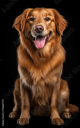 Full body front view studio portrait adorable golden retriever dog sitting and looking in camera isolated on black background